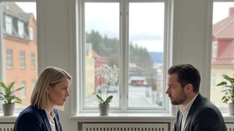 Norsk arbeidstaker konsulterer arbeidsrettsadvokat på moderne Oslo-kontor om lønnsrettigheter