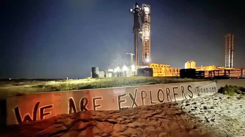 SpaceX Starship rocket on the Starbase launch pad before integrated flight test