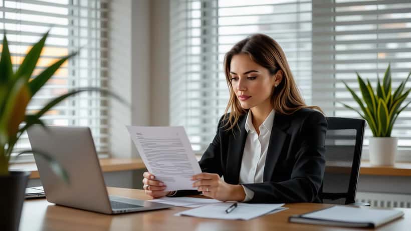 Profissional brasileira segurando carta de demissão em escritório corporativo, mudança de carreira 2026
