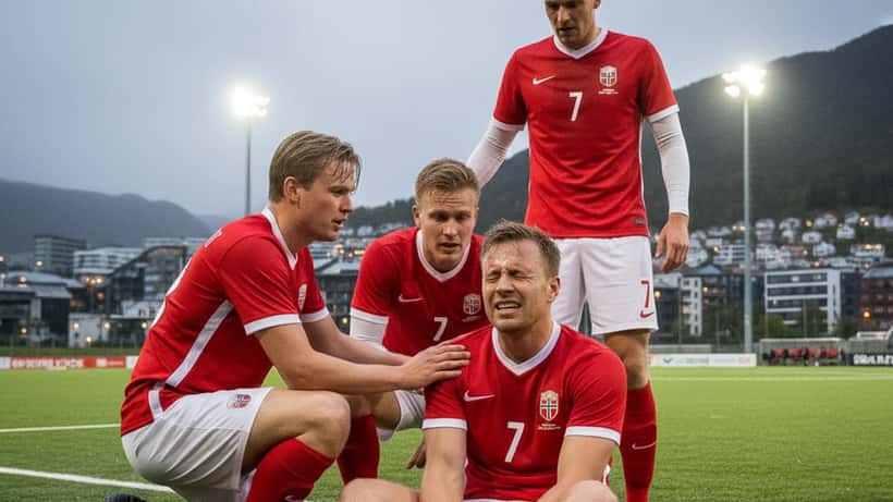 Norsk amatørfotballspiller sitter med ankelvending på kunstgressbane i Bergen