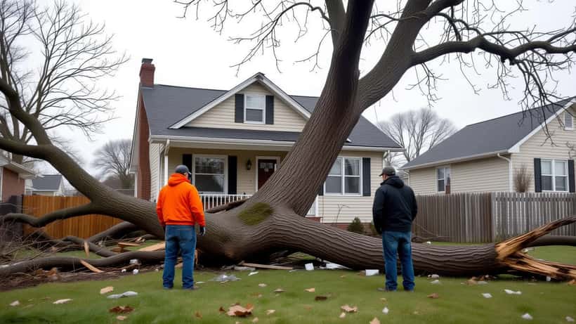 Homeowner assessing damage from a tree fallen on house roof after wind storm