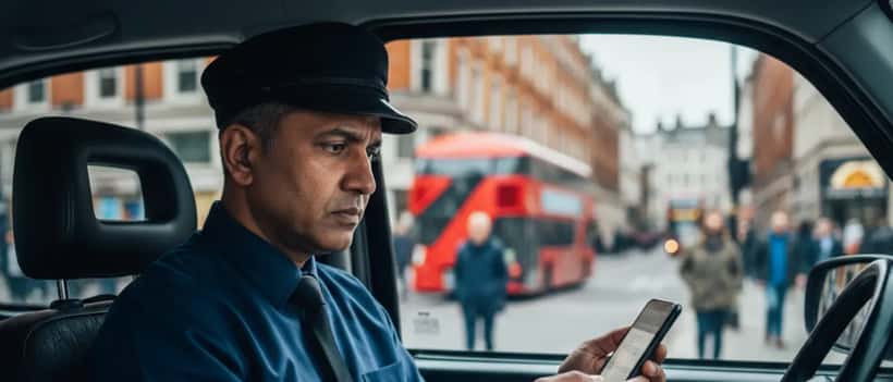 British taxi driver reviewing documents on smartphone inside a London black cab