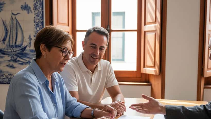 Casal português de 60 anos em reunião com consultor financeiro a rever documentos de reforma em Porto