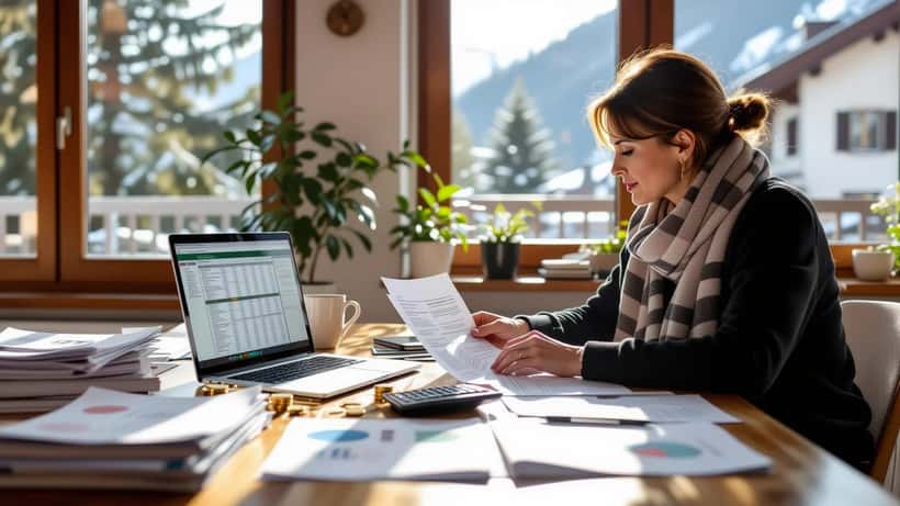 Femme suisse consultant ses primes d'assurance maladie 2027 et comparant les franchises à Berne