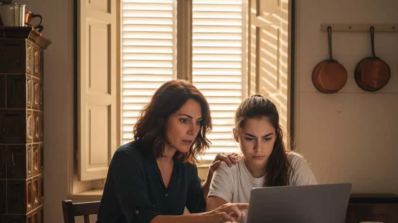 Madre italiana aiuta figlia con la DAD su laptop in cucina di Milano