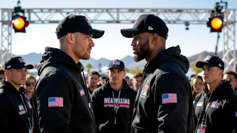 Two boxers face off at a pre-fight press conference under harsh arena spotlights