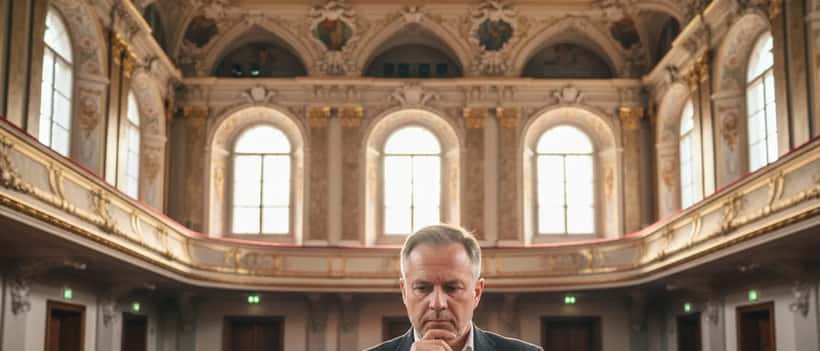 Österreichischer Kulturmanager in leerem Salzburger Konzerthaus mit Rechtsdokumenten