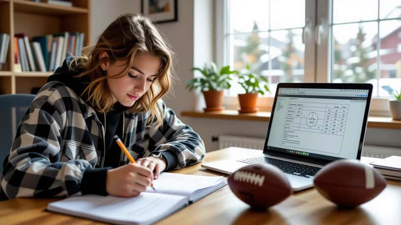 Norsk tenåring regner sannsynlighet med fotballtabell og laptop ved skrivebordet hjemme