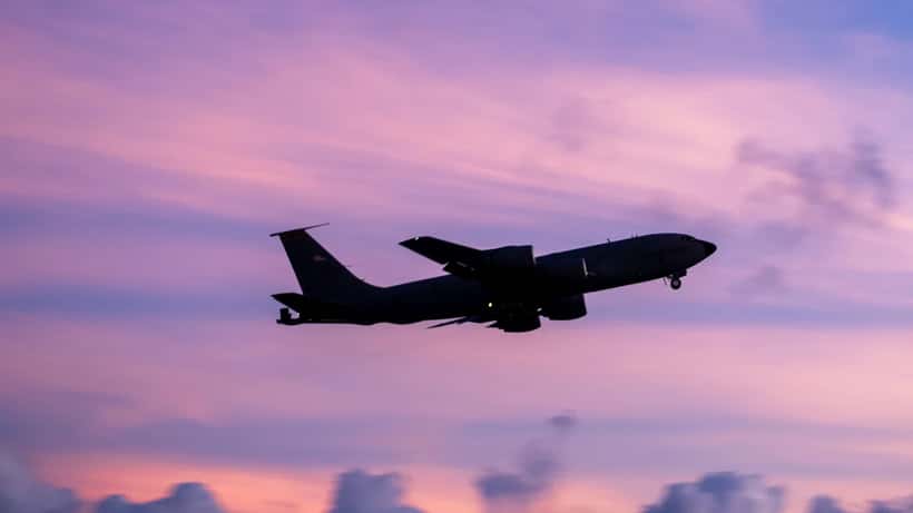 KC-135 Stratotanker aircraft in flight over Andersen Air Force Base, Guam