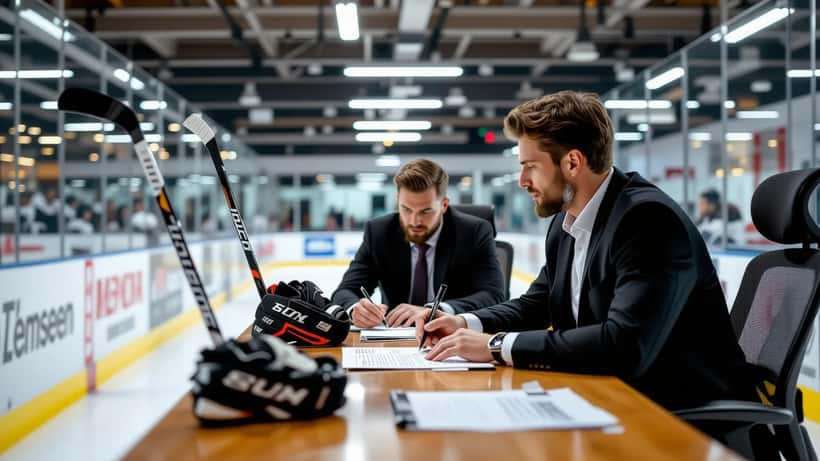 Ice hockey arena with players on ice, representing Canadian hockey prospects and contract decisions