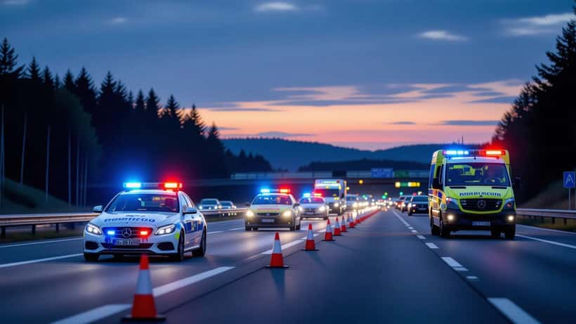 Polizei und Rettungswagen mit Blaulicht an gesperrter Fahrspur der A3, Rettungsgasse im Stau