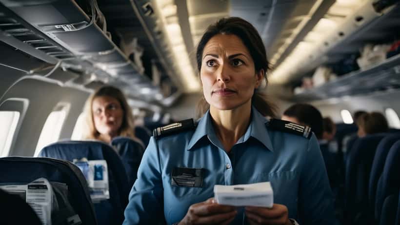 Mujer hispana con emergencia médica en avión asistida por tripulación de cabina