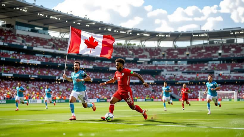 Estádio com bandeiras da Suíça e do Canadá em jogo da Copa do Mundo 2026
