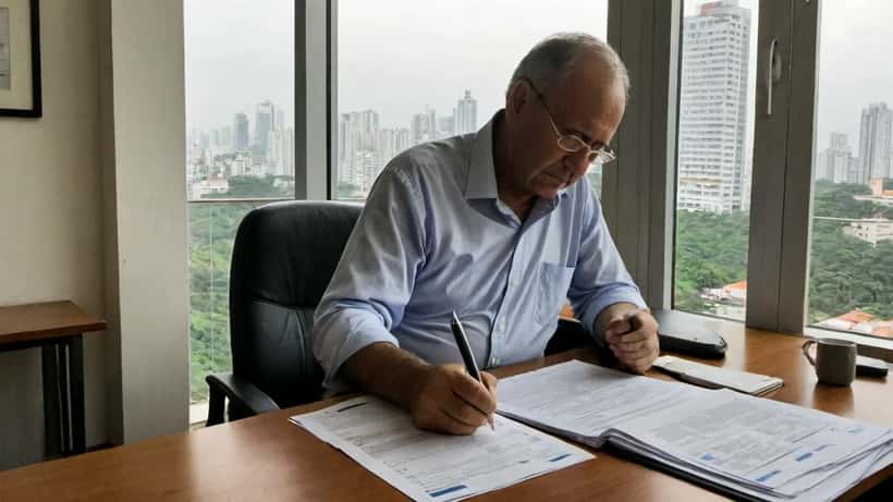 Profissional analisando contrato de exclusividade em escritório moderno em São Paulo
