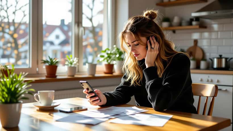 Kvinna sitter stressad vid köksbord i Stockholm med bankapp och kronor på bordet