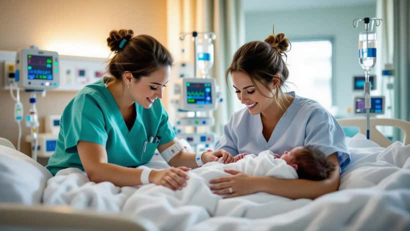 Midwife checking blood pressure of new mother in Australian hospital maternity ward