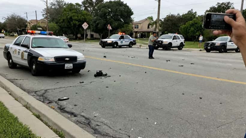 Hombre documentando daños de un accidente de tráfico con su smartphone en una intersección suburbana de EE.UU., con una patrulla policial al fondo