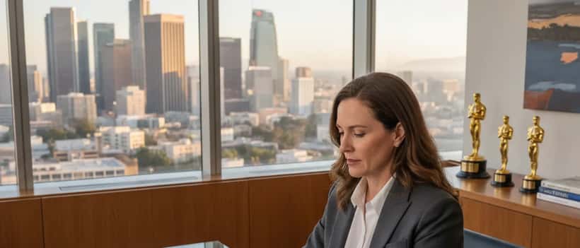 Female entertainment attorney in Los Angeles reviewing film industry contracts with LA skyline view