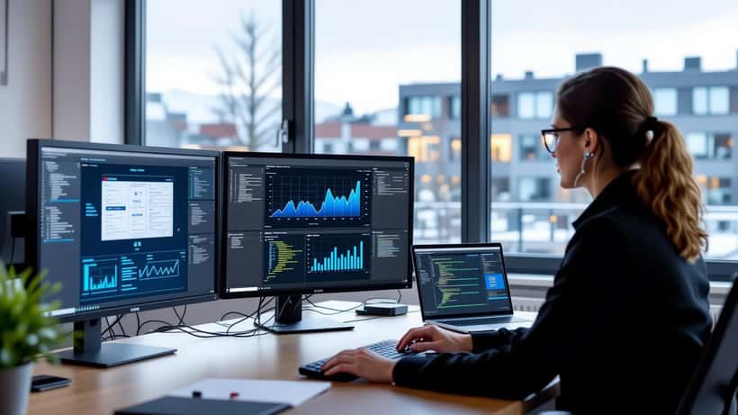 It-säkerhetskonsult granskar nätverksskydd på skärmar med tvåfaktorsautentisering på ett svenskt småföretagskontor 2026