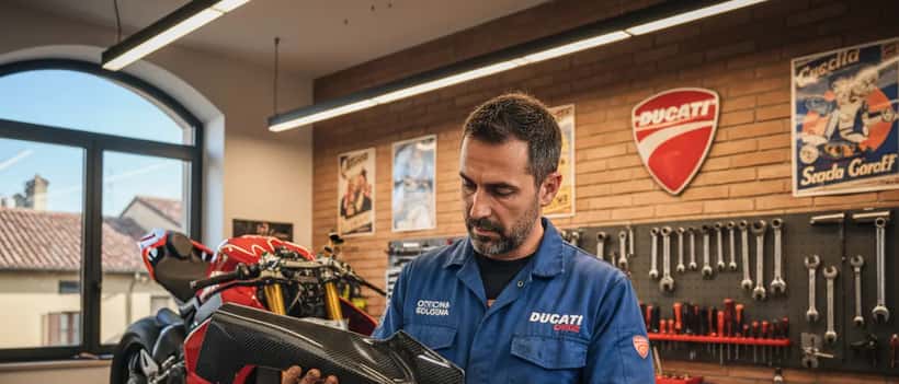 Meccanico italiano che ispeziona il telaio in carbonio di una Ducati superbike in un'officina specializzata a Bologna