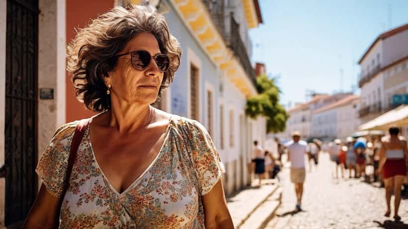 Mulher portuguesa em Lisboa com calor intenso em abril de 2026 durante onda de calor