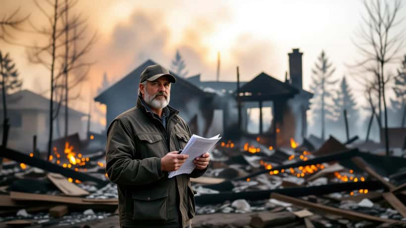 Canadian homeowner holding insurance documents amid the charred ruins of a wildfire-damaged house