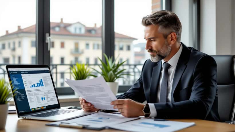 Avvocato d'impresa che esamina documenti di policy AI e contratti di lavoro in un ufficio a Milano