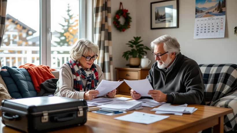 Couple de retraités québécois préparant leur départ dans le Sud, documents d'assurance et valises sur la table