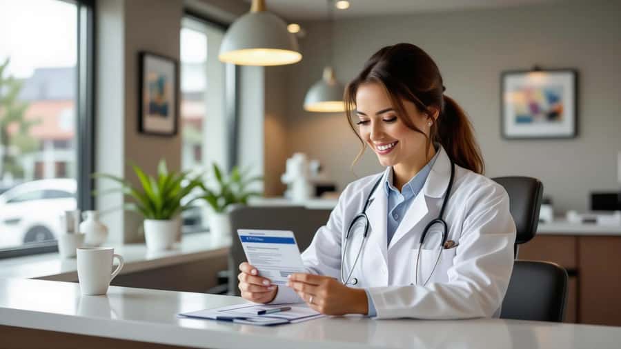 Dental receptionist verifying a patient's Canada Dental Care Plan member card at a modern Calgary clinic