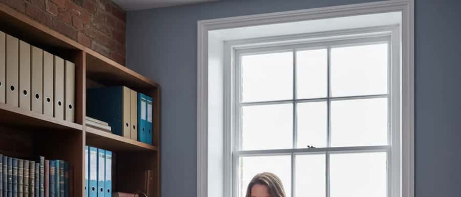 British business owner reviewing QuickBooks Payroll on laptop in a compact UK office with natural daylight