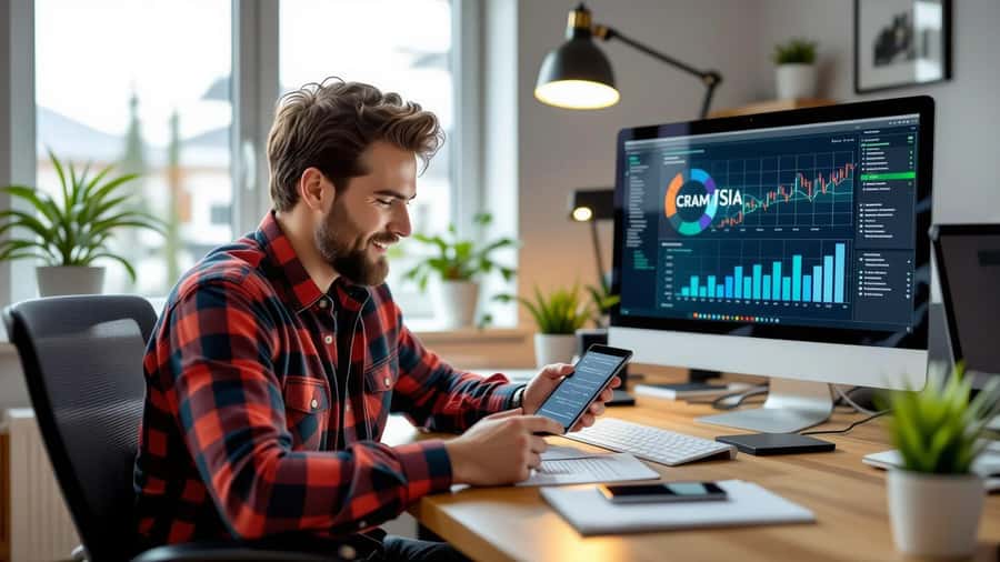 Canadian man checking TFSA contribution figures on a smartphone with CRA My Account visible on a desktop monitor, home office setting in Calgary