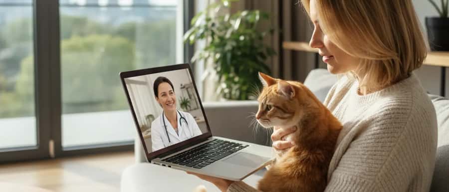 Frau hält ihre Katze während einer Video-Tierarztberatung am Laptop im Wohnzimmer