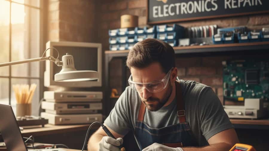 Electronics repair technician soldering a laptop motherboard at an independent repair shop workbench
