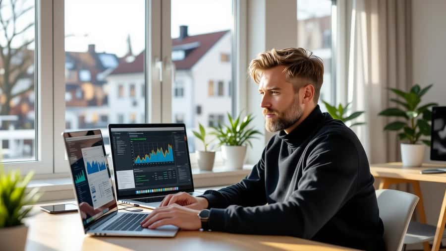 Swedish man comparing Avanza and Nordnet investment platforms on laptop in minimalist Nordic home office