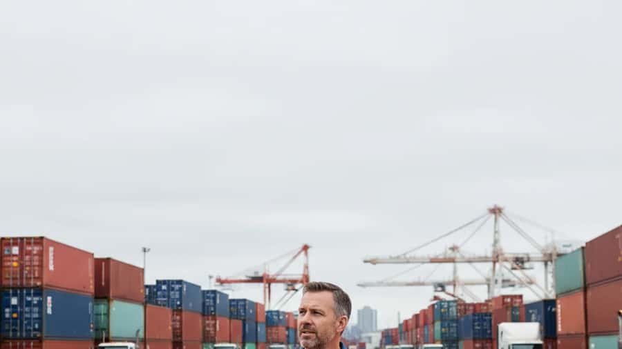 Logistics manager at a busy Canadian intermodal freight terminal in Vancouver overseeing shipping containers and freight trucks