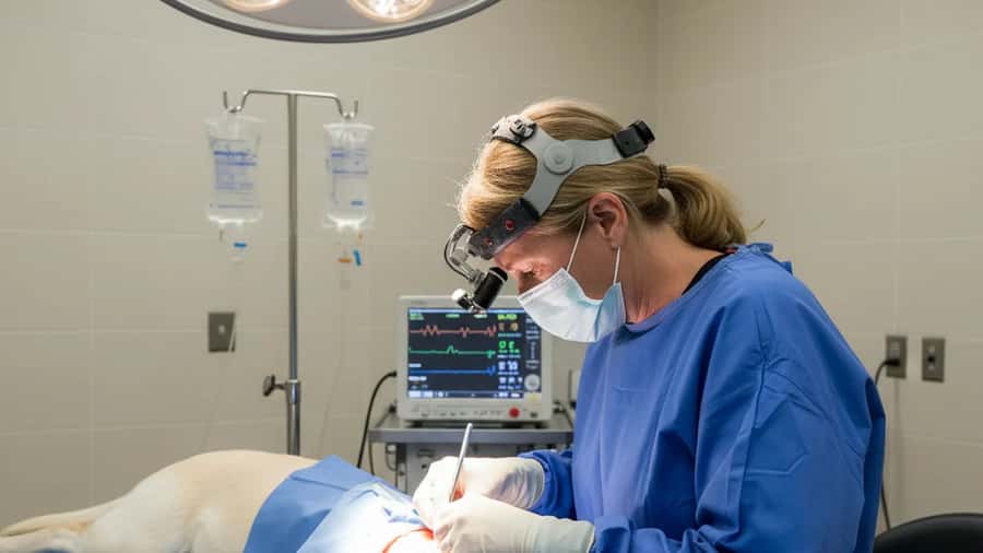 Cirujana veterinaria operando a un Labrador en quirófano moderno en Houston, Texas