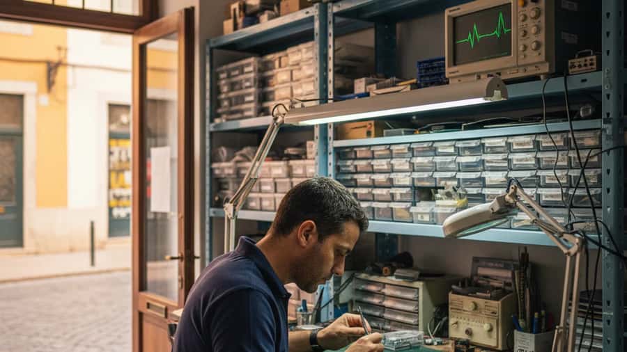 Oficina de reparação eletrónica em Lisboa com técnico a examinar placa de smartphone ao balcão