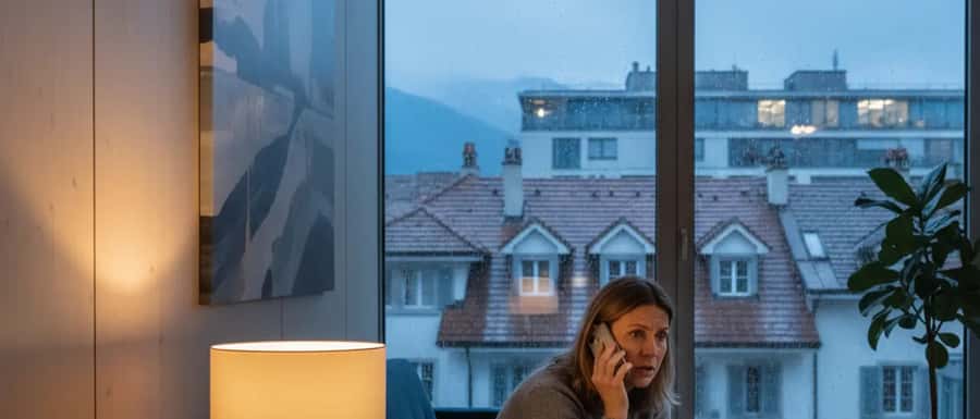 Femme suisse inquiète appelant un médecin de garde depuis son salon à Lausanne en soirée