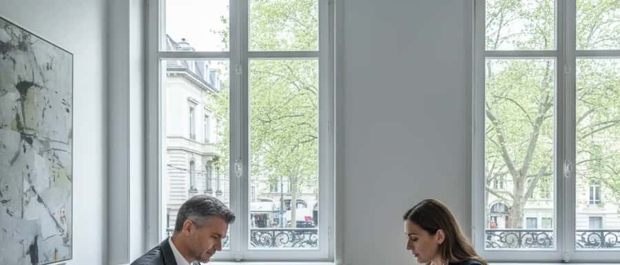Conseiller financier et cliente examinant des documents patrimoniaux dans un bureau privé à Genève