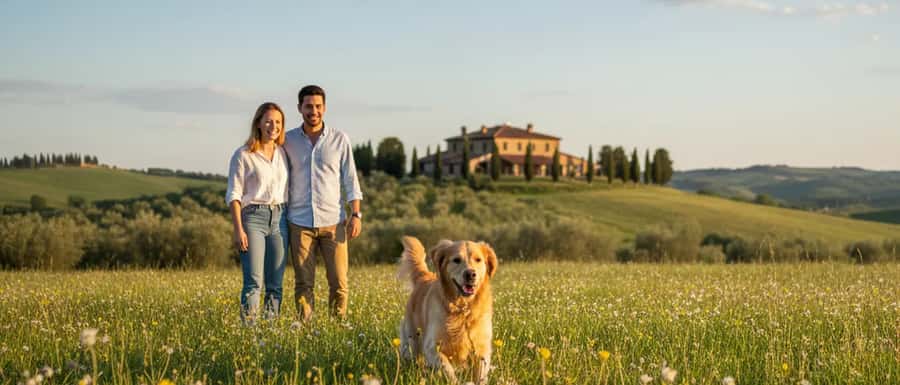 Donna italiana che consulta documenti assicurativi al computer con il suo golden retriever accanto in un luminoso appartamento