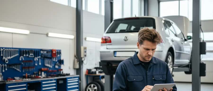 Bifvélavirkji í dökkbláum vinnufötum skoðar greiningartæki við Volkswagen á lyftu í verkstæði á Íslandi