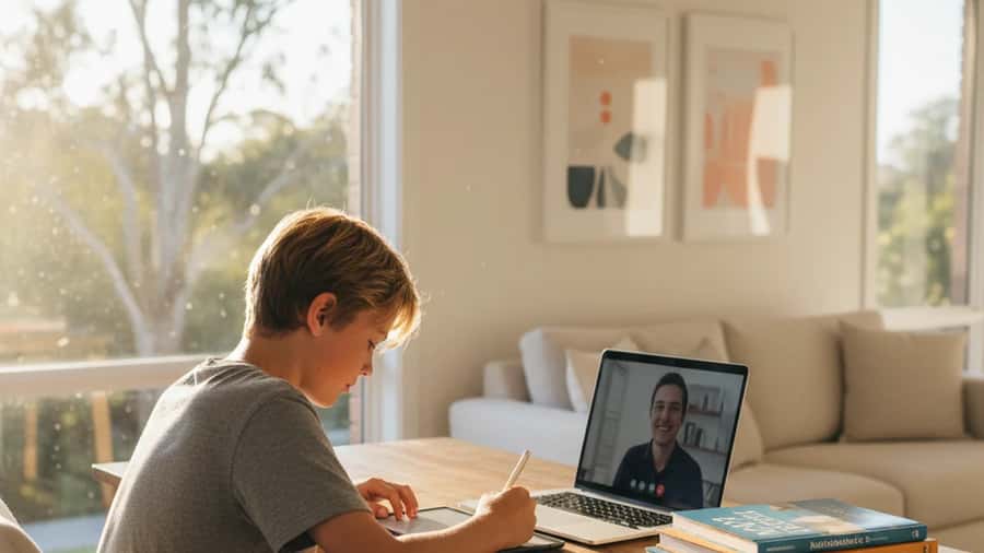 Australian teenager studying maths online with a tutor via video call in a bright suburban living room