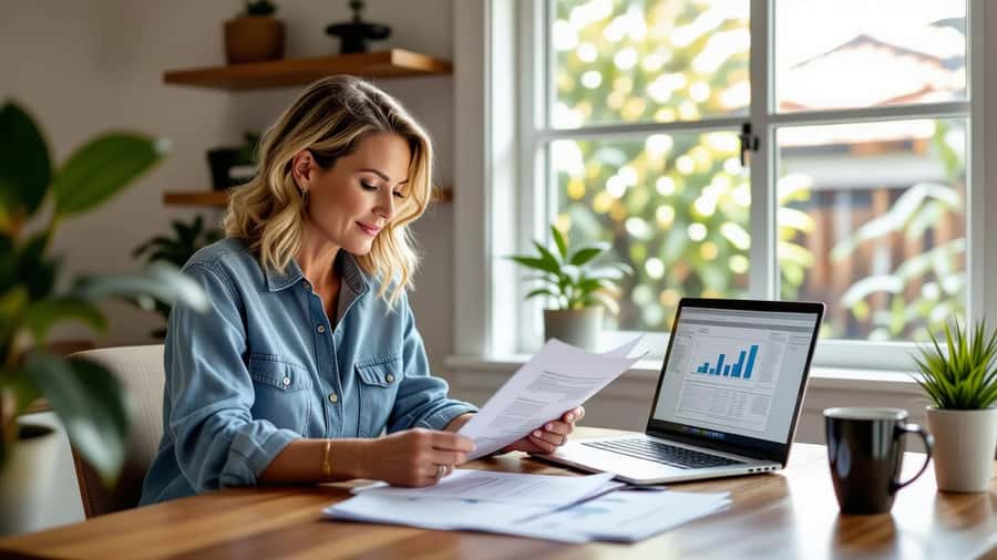 Australian woman reviewing 2026 tax return documents and laptop at a wooden desk in a Melbourne suburban home office