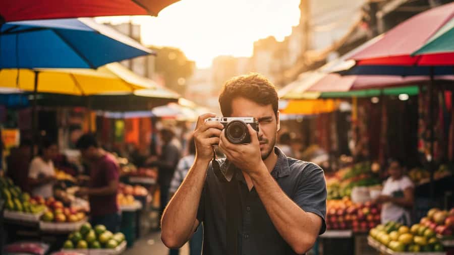 Jovem fotógrafo brasileiro fotografando mercado colorido em São Paulo com câmera mirrorless, luz dourada do fim de tarde