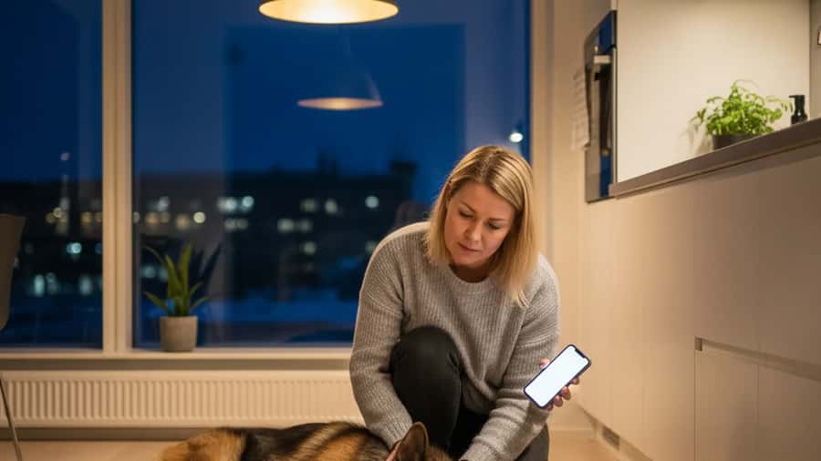 Suomalainen nainen polvillaan saksanpaimenkoiran vieressä helsinkiläisessä keittiössä yöllä, puhelin kädessä, huolestunut ilme