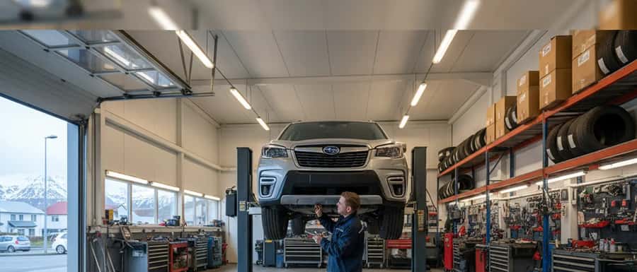 Bifvélavirki skoðar undirvagn bíls á lyftu í bílaverkstæði í úthverfi Reykjavíkur