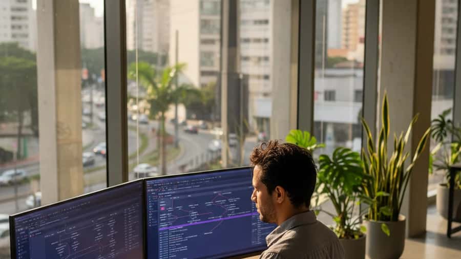 Profissional de TI brasileiro estudando diagramas de banco de dados em escritório moderno em São Paulo com múltiplos monitores