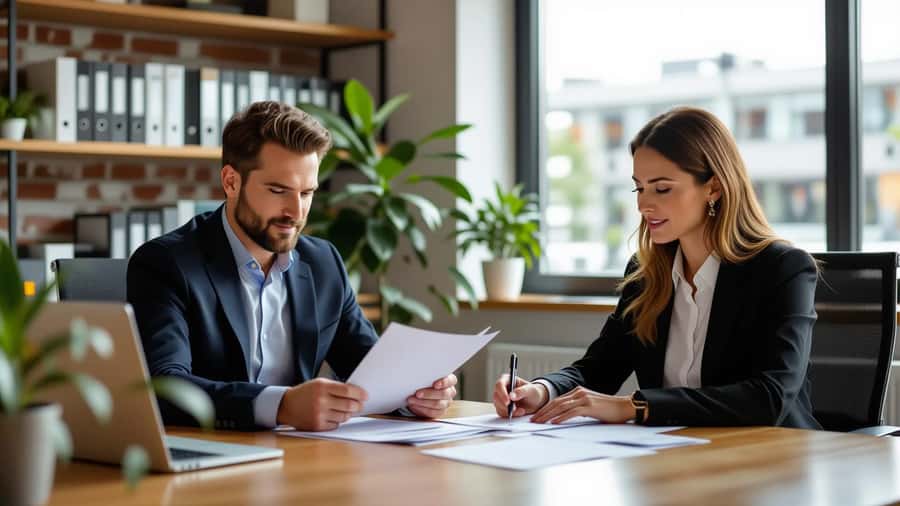 Leasehold solicitor reviewing lease extension documents with a client in a Manchester legal office