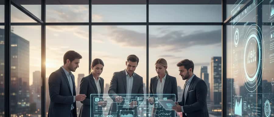 Geschäftsmann prüft IT-Dienstleister-Angebote an seinem Schreibtisch mit Netzwerk-Dashboards auf den Bildschirmen