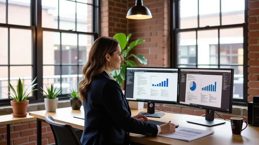 Australian woman reviewing privacy compliance documents on dual monitors in a Melbourne Fitzroy startup office, soft morning light